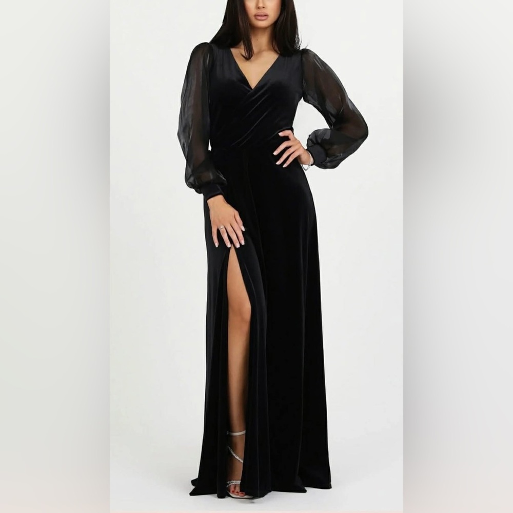 Black Velvet Wrap V Neckline Dress With Organza Sleeves with pockets